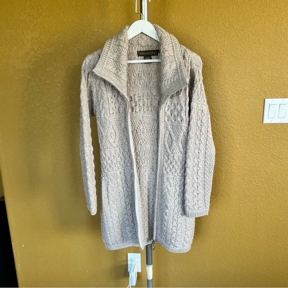 Inis Crafts Merino Wool Long Full-Zip Tunic Cardigan Sweater Beige - Picture 3 of 12